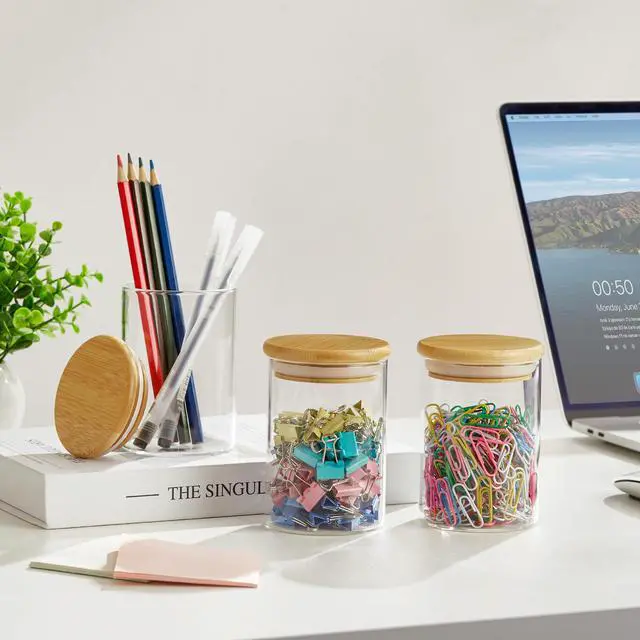 Alt view image 5 of 7 - 2 Pack Qtip Holder Dispenser - Glass Apothecary Jars with Lids, Cotton Ball Pad Swab Round Holder, Bamboo Bathroom Accessories, Bathroom Organizers Containers Jars Canisters with Lids