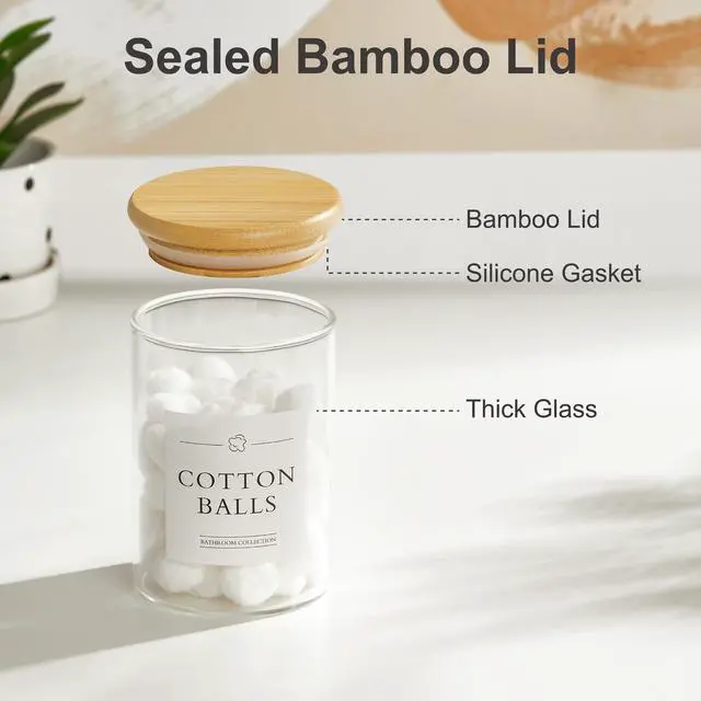 Alt view image 7 of 7 - 2 Pack Qtip Holder Dispenser - Glass Apothecary Jars with Lids, Cotton Ball Pad Swab Round Holder, Bamboo Bathroom Accessories, Bathroom Organizers Containers Jars Canisters with Lids