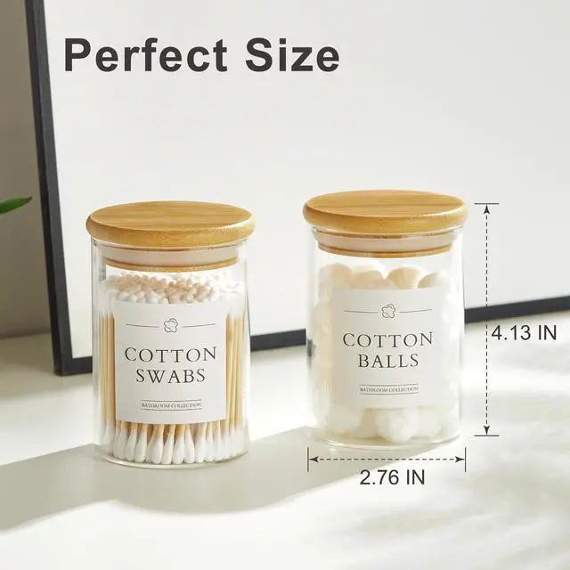 Alt view image 6 of 7 - 2 Pack Qtip Holder Dispenser - Glass Apothecary Jars with Lids, Cotton Ball Pad Swab Round Holder, Bamboo Bathroom Accessories, Bathroom Organizers Containers Jars Canisters with Lids