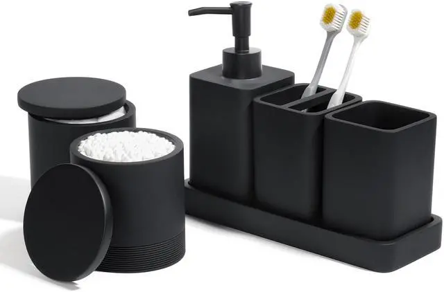 Main image of Bathroom Accessories Set, 6 Piece Bathroom Set with Toothbrush Holders, Soap Dispenser, Vanity Tray, Tumbler, Cotton Swab Jars, Bathroom OrganizerBathroom Sink Sets, Matte Black