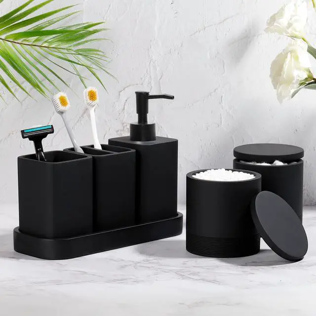 Alt view image 2 of 7 - Bathroom Accessories Set, 6 Piece Bathroom Set with Toothbrush Holders, Soap Dispenser, Vanity Tray, Tumbler, Cotton Swab Jars, Bathroom OrganizerBathroom Sink Sets, Matte Black