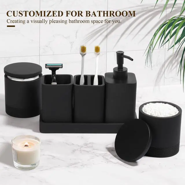 Alt view image 3 of 7 - Bathroom Accessories Set, 6 Piece Bathroom Set with Toothbrush Holders, Soap Dispenser, Vanity Tray, Tumbler, Cotton Swab Jars, Bathroom OrganizerBathroom Sink Sets, Matte Black