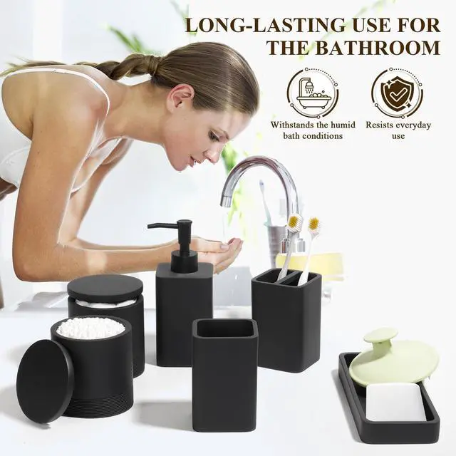 Alt view image 4 of 7 - Bathroom Accessories Set, 6 Piece Bathroom Set with Toothbrush Holders, Soap Dispenser, Vanity Tray, Tumbler, Cotton Swab Jars, Bathroom OrganizerBathroom Sink Sets, Matte Black