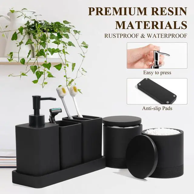 Alt view image 5 of 7 - Bathroom Accessories Set, 6 Piece Bathroom Set with Toothbrush Holders, Soap Dispenser, Vanity Tray, Tumbler, Cotton Swab Jars, Bathroom OrganizerBathroom Sink Sets, Matte Black
