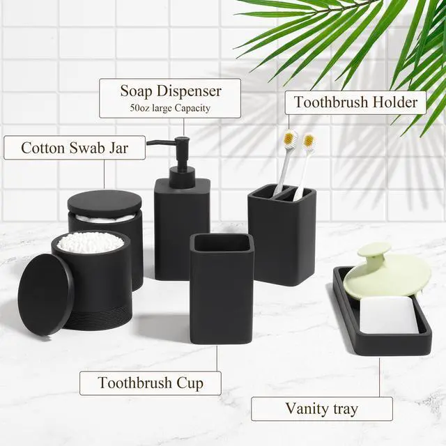 Alt view image 6 of 7 - Bathroom Accessories Set, 6 Piece Bathroom Set with Toothbrush Holders, Soap Dispenser, Vanity Tray, Tumbler, Cotton Swab Jars, Bathroom OrganizerBathroom Sink Sets, Matte Black