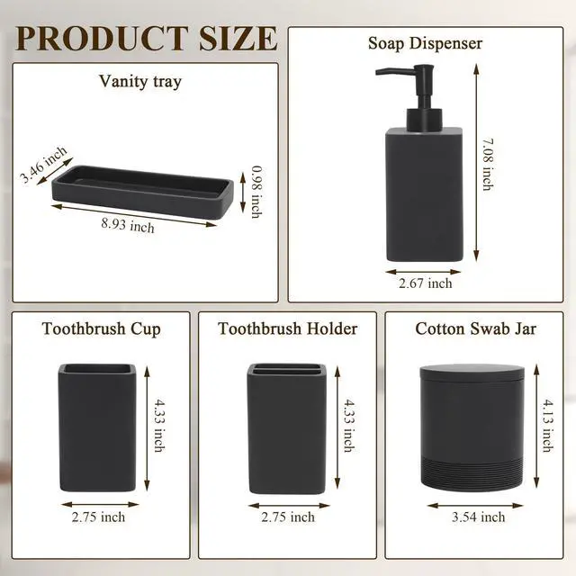 Alt view image 7 of 7 - Bathroom Accessories Set, 6 Piece Bathroom Set with Toothbrush Holders, Soap Dispenser, Vanity Tray, Tumbler, Cotton Swab Jars, Bathroom OrganizerBathroom Sink Sets, Matte Black