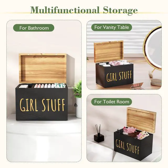 Alt view image 5 of 6 - Tampon Holder for Bathroom with Hinged Lid, Feminine Product Organizer, Tampon Storage, Bathroom Period Products, Toilet Organizer, Bathroom Accessories Box for Girl Stuff (Black)
