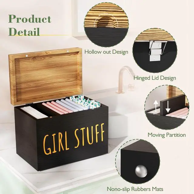 Alt view image 6 of 6 - Tampon Holder for Bathroom with Hinged Lid, Feminine Product Organizer, Tampon Storage, Bathroom Period Products, Toilet Organizer, Bathroom Accessories Box for Girl Stuff (Black)