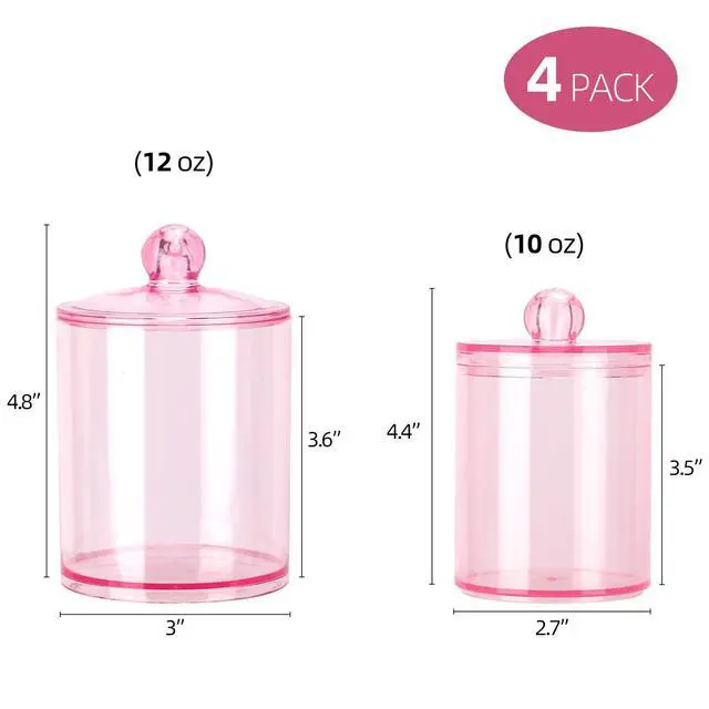 Alt view image 2 of 7 - 12 oz & 10 oz Qtip Holder - 4 Pack Restroom Bathroom Organizers and Storage Containers, Pink Plastic Apothecary Jars with Lids for Cotton Swab, Cotton Round Pads, Floss