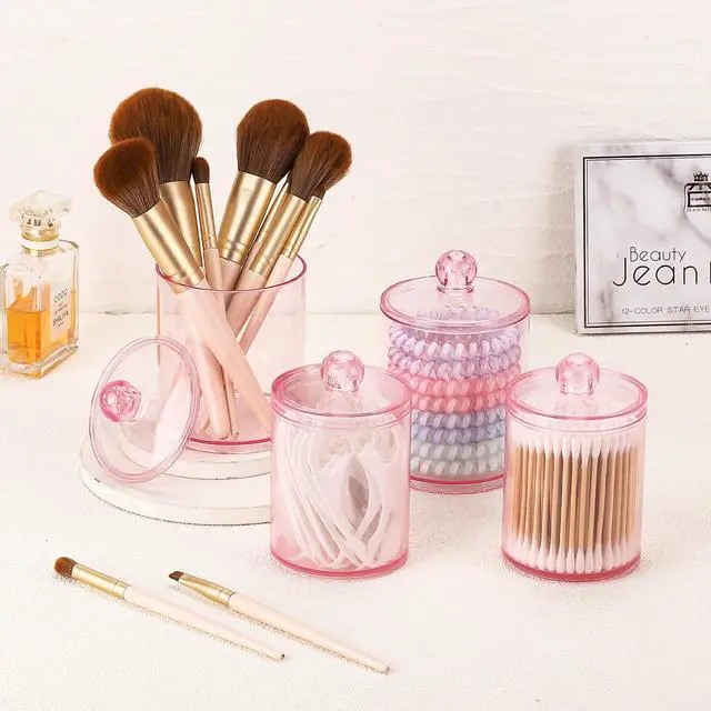 Alt view image 4 of 7 - 12 oz & 10 oz Qtip Holder - 4 Pack Restroom Bathroom Organizers and Storage Containers, Pink Plastic Apothecary Jars with Lids for Cotton Swab, Cotton Round Pads, Floss