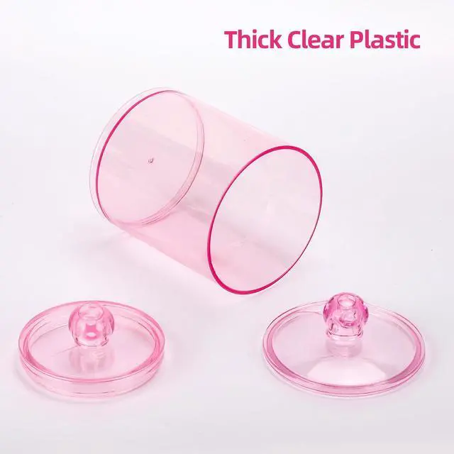 Alt view image 3 of 7 - 12 oz & 10 oz Qtip Holder - 4 Pack Restroom Bathroom Organizers and Storage Containers, Pink Plastic Apothecary Jars with Lids for Cotton Swab, Cotton Round Pads, Floss