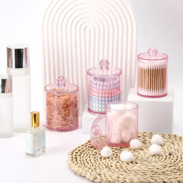 Alt view image 7 of 7 - 12 oz & 10 oz Qtip Holder - 4 Pack Restroom Bathroom Organizers and Storage Containers, Pink Plastic Apothecary Jars with Lids for Cotton Swab, Cotton Round Pads, Floss