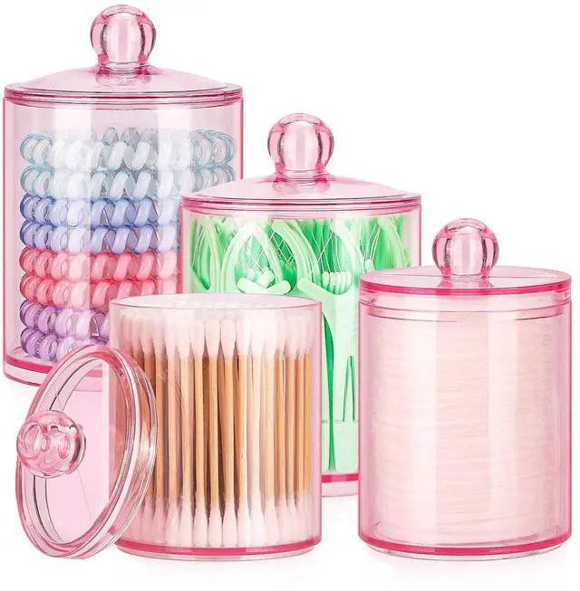 Main image of 12 oz & 10 oz Qtip Holder - 4 Pack Restroom Bathroom Organizers and Storage Containers, Pink Plastic Apothecary Jars with Lids for Cotton Swab, Cotton Round Pads, Floss