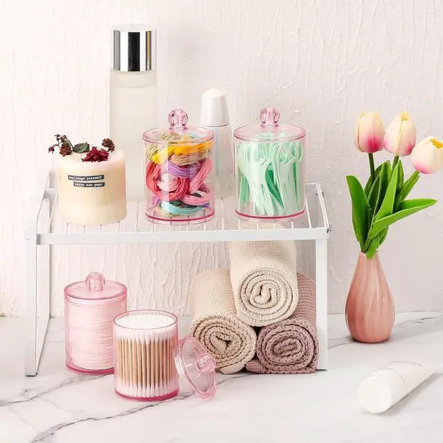 Alt view image 5 of 7 - 12 oz & 10 oz Qtip Holder - 4 Pack Restroom Bathroom Organizers and Storage Containers, Pink Plastic Apothecary Jars with Lids for Cotton Swab, Cotton Round Pads, Floss