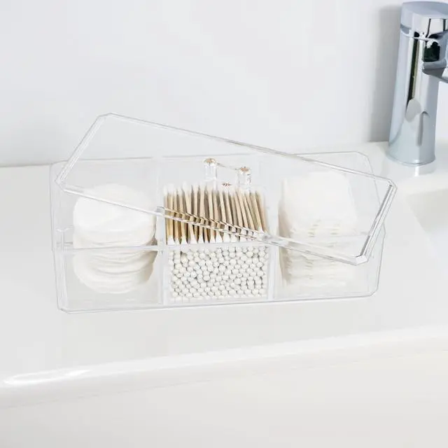 Alt view image 2 of 7 - Clear Bathroom Dresser Organizer - Cotton Ball Swab Holder with 3 Divided Compartments&Lid, , Waterproof Transparent Small Plastic Storage Containers, Vanity Makeup Organization