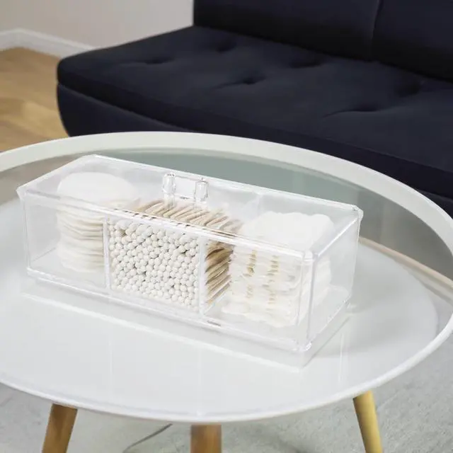 Alt view image 4 of 7 - Clear Bathroom Dresser Organizer - Cotton Ball Swab Holder with 3 Divided Compartments&Lid, , Waterproof Transparent Small Plastic Storage Containers, Vanity Makeup Organization