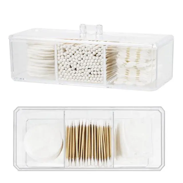Alt view image 6 of 7 - Clear Bathroom Dresser Organizer - Cotton Ball Swab Holder with 3 Divided Compartments&Lid, , Waterproof Transparent Small Plastic Storage Containers, Vanity Makeup Organization