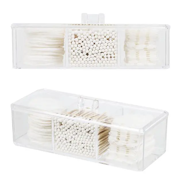Alt view image 7 of 7 - Clear Bathroom Dresser Organizer - Cotton Ball Swab Holder with 3 Divided Compartments&Lid, , Waterproof Transparent Small Plastic Storage Containers, Vanity Makeup Organization