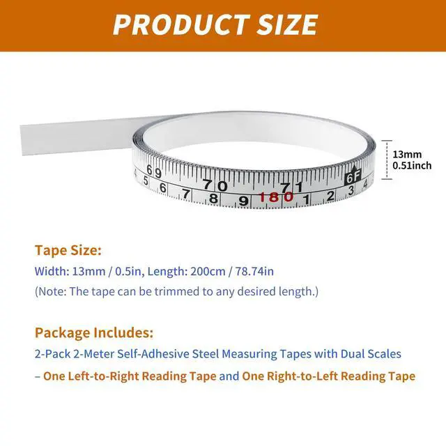 Alt view image 2 of 7 - 2-Pack Steel Self-Adhesive Measuring Tape, Imperial & Metric Stick-on Ruler, Left to Right and Right to Left Reading Tape Measure for Woodworking, Workbench, Table Saw, Drafting Table, 200cm/78Inch