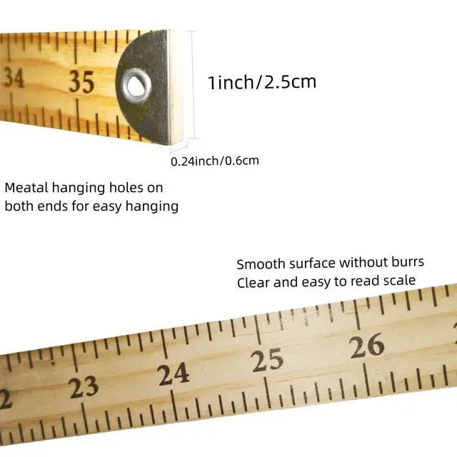 Alt view image 3 of 7 - 3 Pack Wooden Ruler,Natural Wood Stick Ruler with Hang Hole Metal Tips, 36 Inches Yardstick Meter Stick for Classroom,School,Clothing Measuring, Office,Engineers, Architects