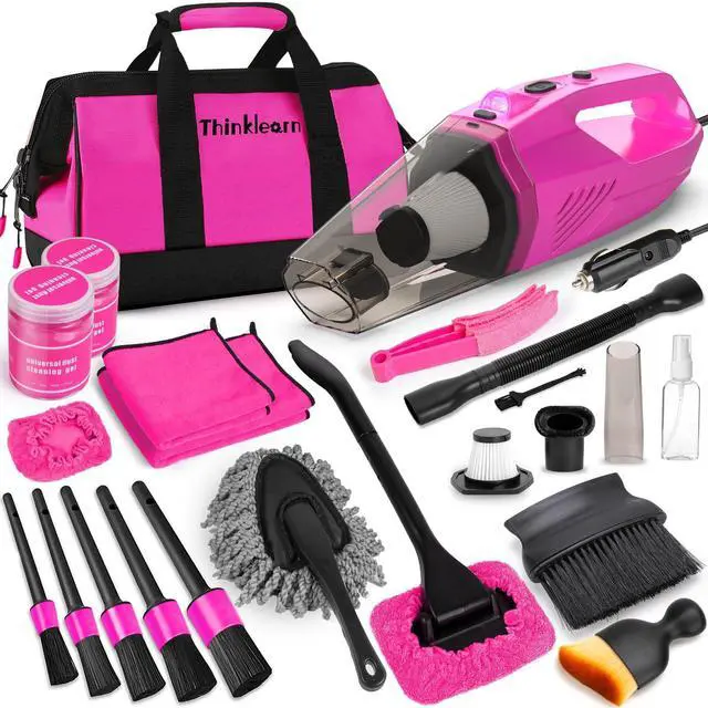 Main image of Car Cleaning Kit, Car Corded Vacuum Detailing Kit Interior with High Power Handheld Vacuum, Including 7Pcs Detailing Brush Set, Windshield Cleaner, Pink Car Accessories for Women