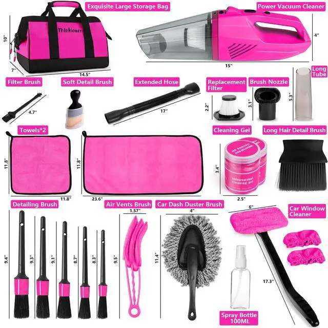 Alt view image 7 of 7 - Car Cleaning Kit, Car Corded Vacuum Detailing Kit Interior with High Power Handheld Vacuum, Including 7Pcs Detailing Brush Set, Windshield Cleaner, Pink Car Accessories for Women