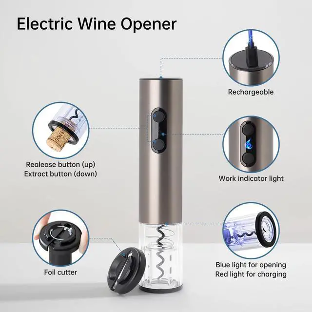 Alt view image 2 of 6 - Electric Wine Opener Rechargeable, Electric Wine Bottle Opener with Foil Cutter, Cordless Automatic Corkscrew with LED Light, Stainless Steel Wine Opener Gift Set for Wine Lovers, Black
