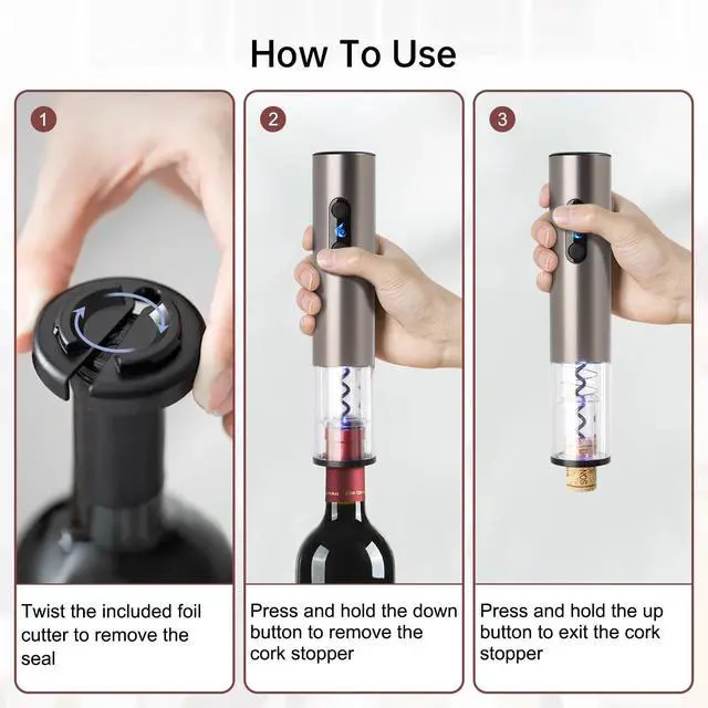Alt view image 3 of 6 - Electric Wine Opener Rechargeable, Electric Wine Bottle Opener with Foil Cutter, Cordless Automatic Corkscrew with LED Light, Stainless Steel Wine Opener Gift Set for Wine Lovers, Black