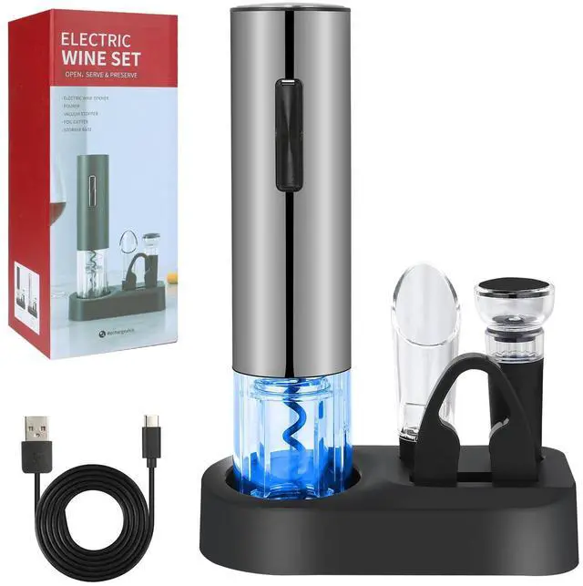 Main image of Electric Wine Bottle Opener Set- Silver, Automatic Wine Bottle Opener with Led Light, Rechargeable Corkscrew Kit with AeratorFoil CutterStoppers