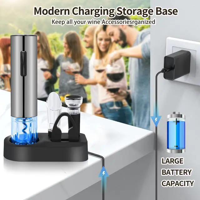 Alt view image 4 of 6 - Electric Wine Bottle Opener Set- Silver, Automatic Wine Bottle Opener with Led Light, Rechargeable Corkscrew Kit with AeratorFoil CutterStoppers