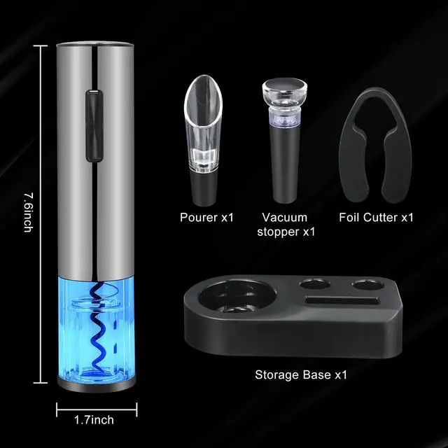 Alt view image 6 of 6 - Electric Wine Bottle Opener Set- Silver, Automatic Wine Bottle Opener with Led Light, Rechargeable Corkscrew Kit with AeratorFoil CutterStoppers