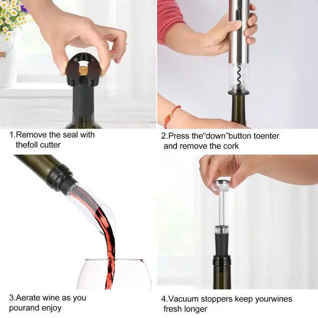Alt view image 5 of 6 - Electric Wine Bottle Opener Set- Silver, Automatic Wine Bottle Opener with Led Light, Rechargeable Corkscrew Kit with AeratorFoil CutterStoppers