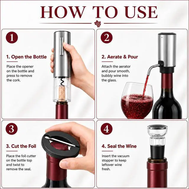 Alt view image 3 of 7 - 4-in-1,Premium,Rechargeable Wine Opener,Aerating Pourer,Stopper,Foil Cutter