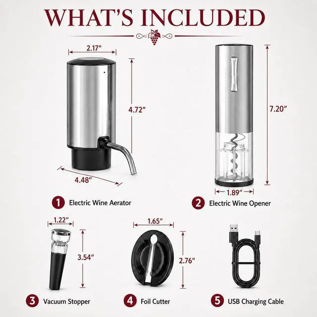 Alt view image 4 of 7 - 4-in-1,Premium,Rechargeable Wine Opener,Aerating Pourer,Stopper,Foil Cutter