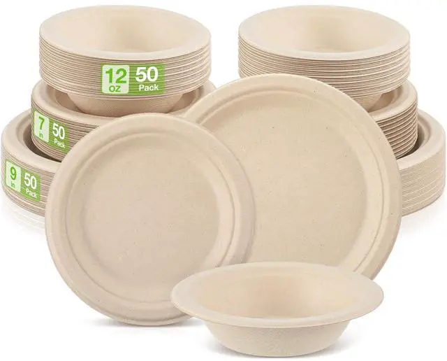 Main image of 150 Pcs Compostable Paper Plates and Bowls Set 7 Inch 9 Inch Disposable Plate 12oz Biodegradable Bowls for Party Dinner 50-person Bulk Party Supplies