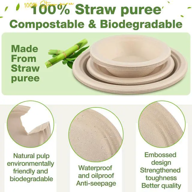 Alt view image 3 of 7 - 150 Pcs Compostable Paper Plates and Bowls Set 7 Inch 9 Inch Disposable Plate 12oz Biodegradable Bowls for Party Dinner 50-person Bulk Party Supplies