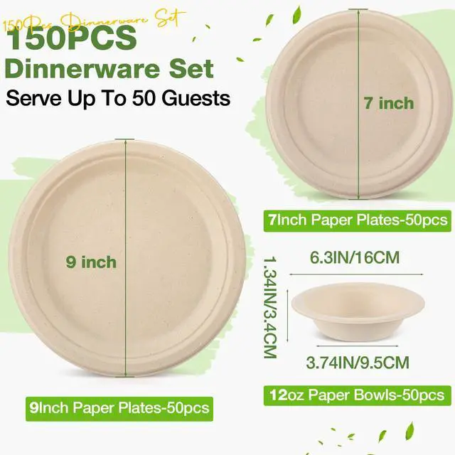 Alt view image 2 of 7 - 150 Pcs Compostable Paper Plates and Bowls Set 7 Inch 9 Inch Disposable Plate 12oz Biodegradable Bowls for Party Dinner 50-person Bulk Party Supplies