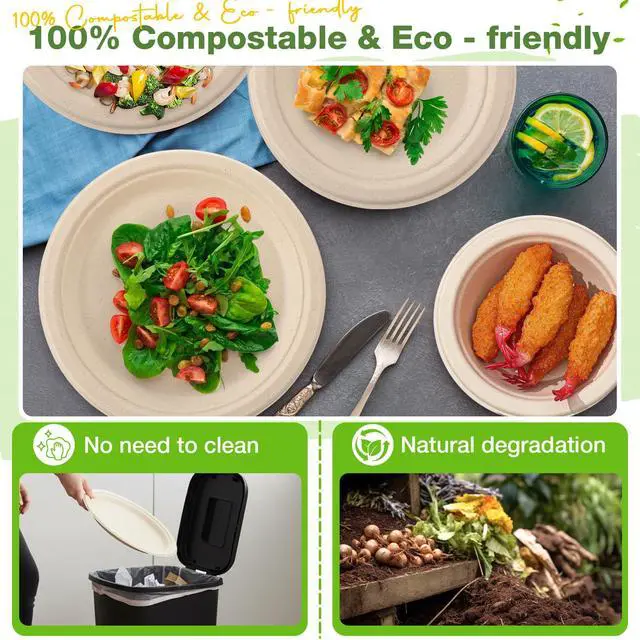 Alt view image 5 of 7 - 150 Pcs Compostable Paper Plates and Bowls Set 7 Inch 9 Inch Disposable Plate 12oz Biodegradable Bowls for Party Dinner 50-person Bulk Party Supplies