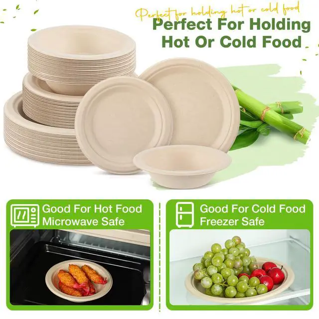 Alt view image 4 of 7 - 150 Pcs Compostable Paper Plates and Bowls Set 7 Inch 9 Inch Disposable Plate 12oz Biodegradable Bowls for Party Dinner 50-person Bulk Party Supplies