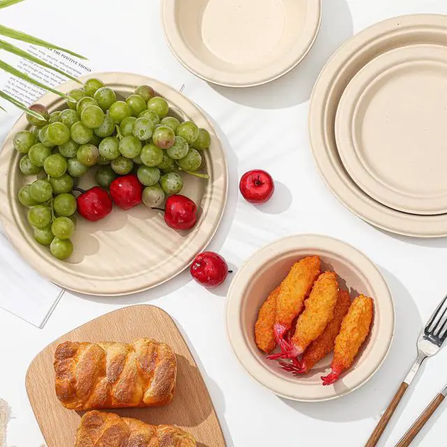 Alt view image 7 of 7 - 150 Pcs Compostable Paper Plates and Bowls Set 7 Inch 9 Inch Disposable Plate 12oz Biodegradable Bowls for Party Dinner 50-person Bulk Party Supplies