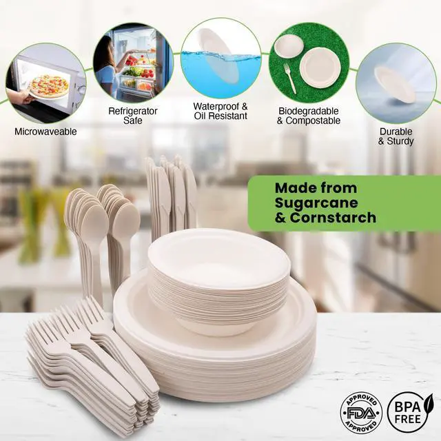 Alt view image 3 of 7 - 250 Piece (50 Sets) Biodegradable Paper Plates Set (EXTRA LONG UTENSILS), Disposable Dinnerware Set, Eco Friendly Compostable Plates & Utensil include Plates, Bowls, Forks, Knives and Spoons