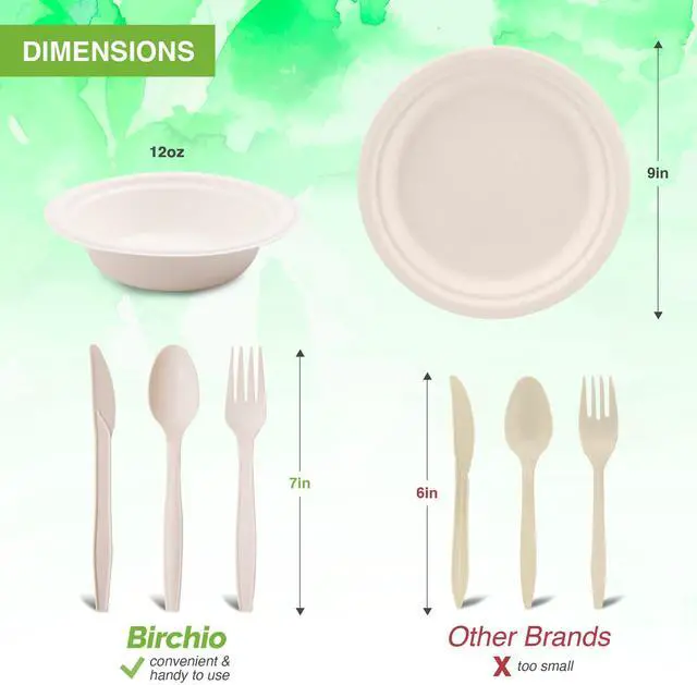 Alt view image 2 of 7 - 250 Piece (50 Sets) Biodegradable Paper Plates Set (EXTRA LONG UTENSILS), Disposable Dinnerware Set, Eco Friendly Compostable Plates & Utensil include Plates, Bowls, Forks, Knives and Spoons