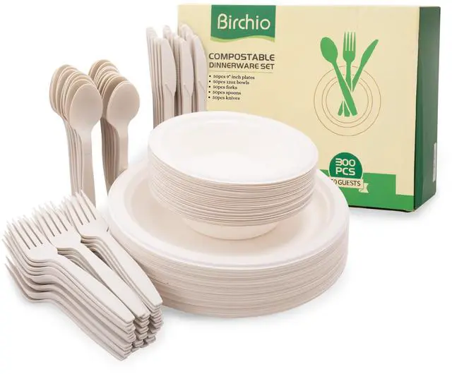 Main image of 250 Piece (50 Sets) Biodegradable Paper Plates Set (EXTRA LONG UTENSILS), Disposable Dinnerware Set, Eco Friendly Compostable Plates & Utensil include Plates, Bowls, Forks, Knives and Spoons