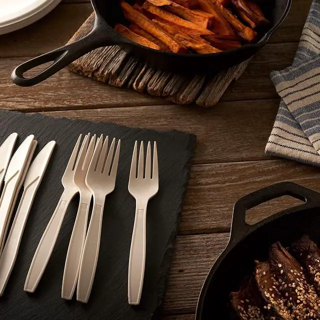 Alt view image 5 of 7 - 250 Piece (50 Sets) Biodegradable Paper Plates Set (EXTRA LONG UTENSILS), Disposable Dinnerware Set, Eco Friendly Compostable Plates & Utensil include Plates, Bowls, Forks, Knives and Spoons