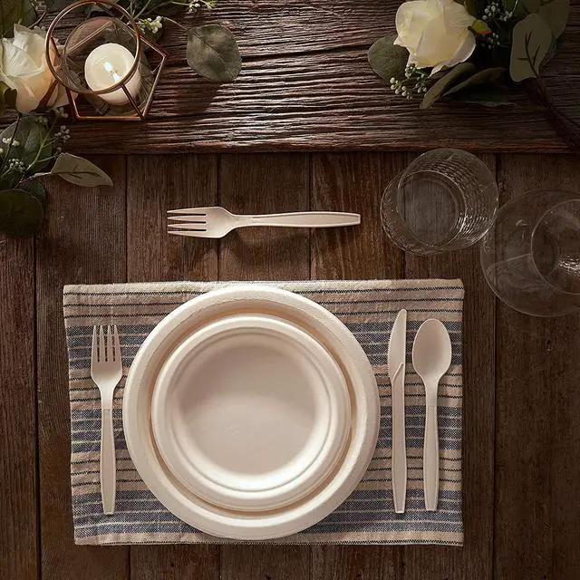 Alt view image 4 of 7 - 250 Piece (50 Sets) Biodegradable Paper Plates Set (EXTRA LONG UTENSILS), Disposable Dinnerware Set, Eco Friendly Compostable Plates & Utensil include Plates, Bowls, Forks, Knives and Spoons