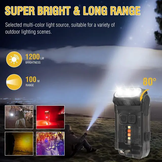 Alt view image 2 of 7 - V15 LED Small Powerful EDC Flashlight with Warm White Red Light,Bright 1200LM USB C Rechargeable 10 Modes Mini Pocket Keychain Flash Light with Clip,IP67 Waterproof,80°Head Swivels,Tail Magnet