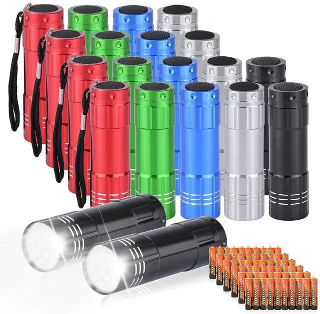 Main image of 20 Pack of Flashlights 9 LED Mini Aluminum Flashlight Bulk with Lanyard 60 AAA Batteries Included Assorted Colors Handheld Flashlights for Hurricane Supplies Camping, Night Reading, Cycling