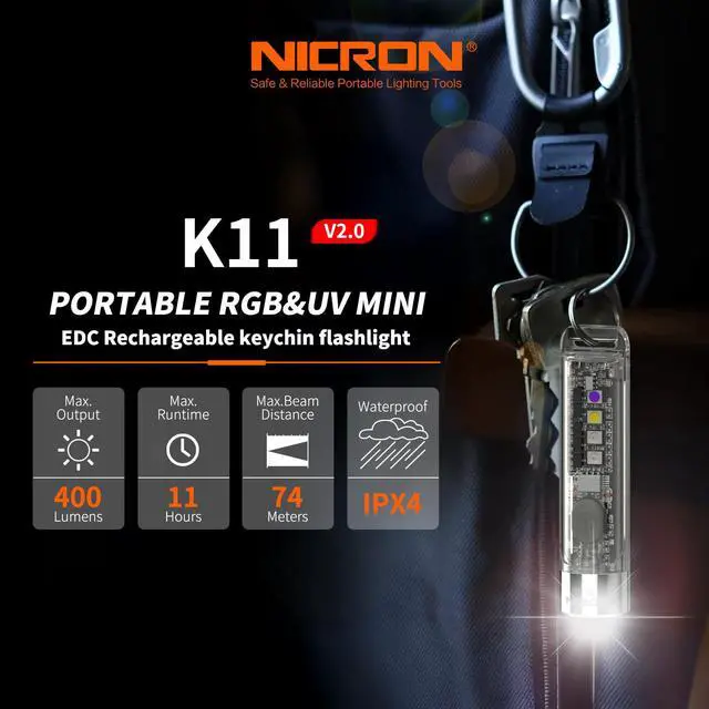 Alt view image 2 of 7 - K11 Rechargeable Keychain Flashlight Lightweight,400 Hight Lumen with Extra 4 Sidelight, IPX4 EDC Mini Flashlight Be