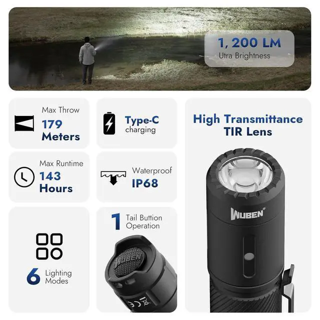 Alt view image 3 of 7 - C3 Flashlight 1200 High Lumens Rechargeable Flashlights 6 Modes Super Bright IP68 LED Tactical Flashlight for Camping, Home, Emergency, Rescue, Hunting, Inspection, Repair, Tool Gifts for Men