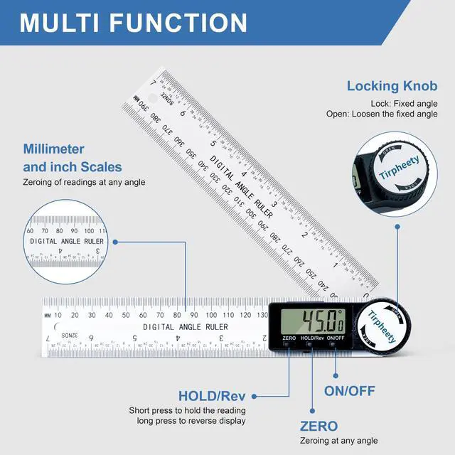 Alt view image 2 of 7 - Digital Angle Finder Protractor, 3rd Generation Quick Display Angle Gauge Ruler, 7-Inch (200mm) Professional Measuring Tool for Woodworking, Carpentry, and Construction